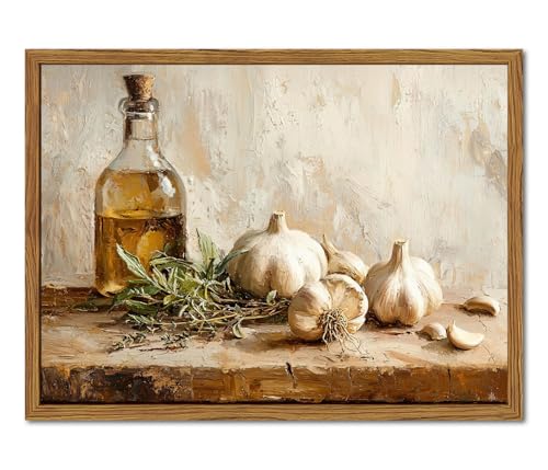 Framed Vintage Kitchen Canvas Wall Art, Rustic Garlic and Herbs Pictures Wall Decor, Neutral Still Life Paintings Prints Aesthetic Home Decor for Farmhouse Dining Room Living Room 16x24 inch - color: Garlic, size: 24"L x 16"W