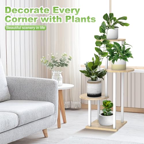 4 Tier Wood Tall Plant Stand Metal Rack Indoor, Multiple Flower Pot Holder Shelves Corner Rack, Round Planter Shelf Display Rack Storage Organizer for Patio Living Room Balcony(White+Oak) - color: White+Oak, size: 4 Tier
