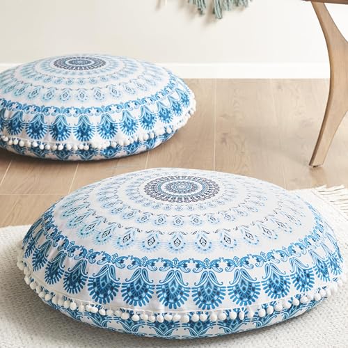Codi Meditation Floor Pillow Set of 2, Round Large Pillows Seating for Adults, Bohemian Mandala Circle Cushion for Outdoor Fireplace Yoga Living Room, 32 Inch, Memory Foam Added, Aqua - color: Round | Aqua, size: 2 Count (Pack of 1)