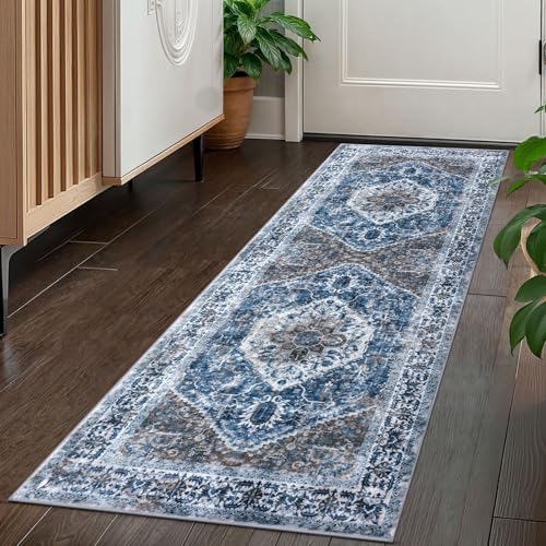 KOZYFLY Runners for Hallways 2x5 Ft Washable Kitchen Runner Rug Boho Runner Rug for Entryway Indoor Blue Printed Oriental Faux Wool Floor Carpet Runner for Laundry Room Kitchen Hall - color: Blue/Brown/White, size: 2' x 5' (Runner)