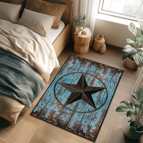 Western Rug 2x3 Washable Area Rugs,Barn Texas Star on Old Wooden Plank,Ultra-Thin Soft Rug Rustic Small Throw Carpet Vintage Floor Carpets Non Slip Indoor Door Mat for Entryway Bedroom Kitchen,Teal - size: 2'x3'