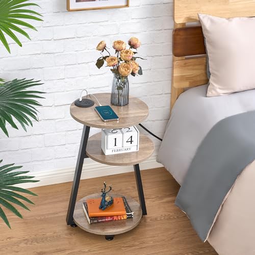 BEWISHOME Round End Table with Charging Station, Side Accent Table with 3-Tier Shelves, Small Couch Table for Living Room Greige KTZ51G - color: Beige, size: with PowerOutlet