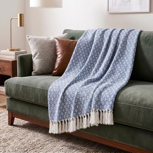 Americanflat 50x60 Throw Blanket - Soft and Breathable Cotton Throw Blanket for Couch, Bed, Chair - Decorative Blankets Perfect for Home, Office, or Outdoor Use - Blue and White Mini Diamond - color: Omala Blue and White Mini Diamond
