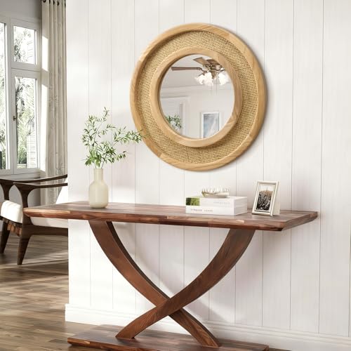 JJUUYOU Wooden Mirror Circle Mirrors for Wall 20 Inch Circular Hanging Mirrors with Wood Frame for Living Room Bathroom Vanity Entryway Hallway - color: Round Mirror-wood, size: 20"L x 20"W