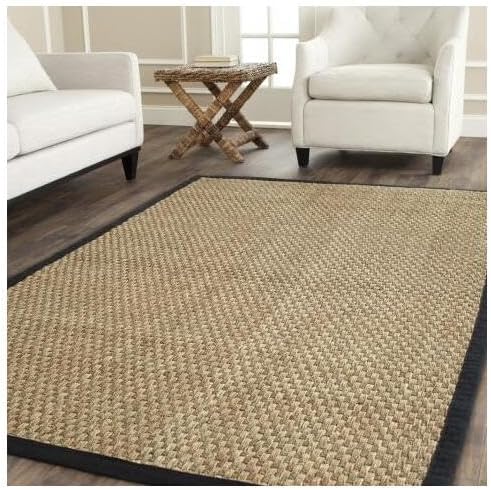 SAFAVIEH Area Rug 7' Square - Natural Fiber Collection - Natural & Black, Seagrass, Basketweave Pattern with Border (NF114C)