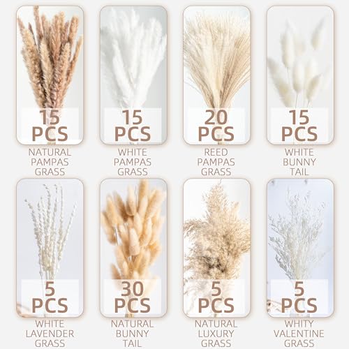 130PCS Natural Dried Pampas Grass Boho Home Decor Bouquet Phragmites Dried Flowers Bouquet for Wedding Floral Arrangements Living Room Decorations (130PCS) - size: 130 Pcs