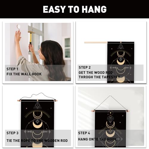 PLIGREAT 2 Pack Moon Phases Tapestry Vertical Wall Hanging with Tassels Aesthetic Wall Tapestry for Bedroom Bathroom Living Room Dorm Room Long Narrow Home Art Hanging Decor Housewarming Gift - color: Black and Gold