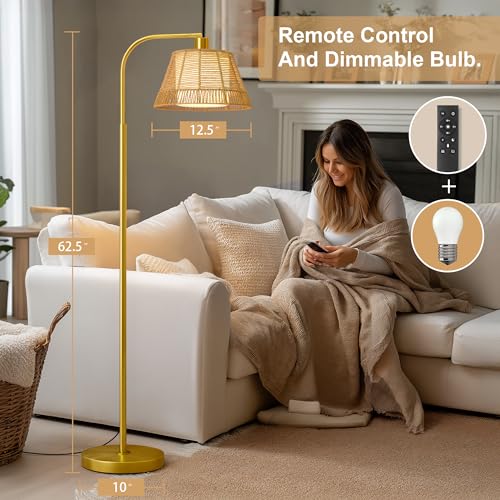 Oneach Arc Floor Lamp for Living Room with 3 Color Temperatures, Farmhouse Floor Lamps with Remote & Dimmable Bulb, Rattan Boho Floor Lamp with Hand-Woven Wicker & Fabric Shade - color: Modern Gold