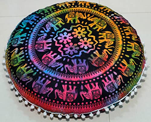 Round Mandala Floor Pillow Cover Seating Cushion Throw Cover Hippie Decorative Bohemian Ottoman Pouf Cover, Pom Pom Pillow Cases,Boho Indian 22 Inches (Multi Up hathi) - color: Multi Up Hathi