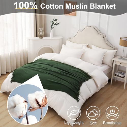 Cotton Muslin Throw Blanket with Tassels, Lightweight Woven Gauze, Pre-Washed Breathable Farmhouse Decor for Bed, Couch, All-Season Use (Olive Green, 50" x 60") - color: Olive Green, size: 50" x 60"