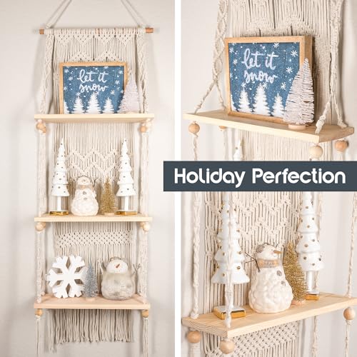 SnugLife Macrame Wall Hanging Shelf - 3 Tier Wall Plant Hanger Shelves with Handmade Woven Rope - Boho Shelves Organizer for Kitchen, Bathroom, Home Storage, Floating Plant Shelf (Pine Wood) - size: 3 Tier