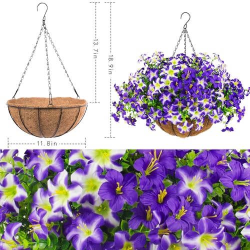 2 Set Artificial Petunias Flowers with Hanging Baskets, 24 Pcs Silk Petunia UV Resistant Purple Faux Petunias Flowers with Hanging Planter for Front Door Porch Spring Outside Decor (2, Purple) - color: Purple