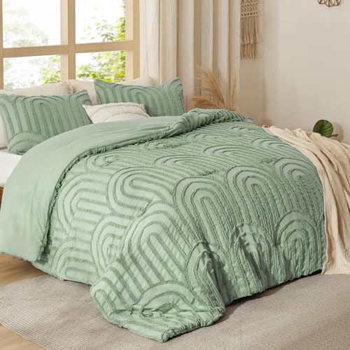Bedsure Boho Tufted Green Comforter Set Queen Size, GentleSoft™ 3 Pieces Boho Farmhouse-Style Decor Bedding, Arch Bedding for All Seasons, 1 Bed Comforter, 2 Pillow Shams, 90x90 Inches - color: 02 - Arch Jacquard Green, size: Queen (90" x 90")