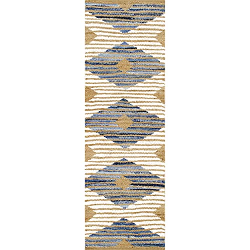 nuLOOM Hand Braided Marla Denim And Jute Diamonds Runner Rug, 2' 6" x 8', Off-white, Runner - color: Marla Off-white, size: 2'7" x 8' (Runner)