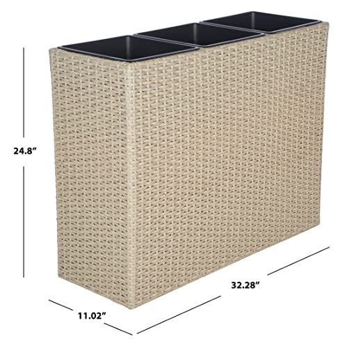SAFAVIEH Outdoor - Rita Beige Wicker 3-Tier Plant Stand with Baskets, Vertical Flower Rack Planter Shelf for Patio, Balcony, Garden, 32.28"W x 11.02"D x 24.8"H (PAT7705B) - color: Beige