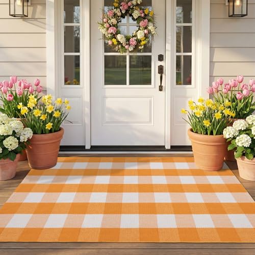 Spring Yellow and White Plaid Rug, 3' x 5' Cotton Blend Layered Doormat for Front Door, Hand-Woven Washable Entryway & Porch Decor - color: Pumpkin Yellow and White, size: 3' x 5'