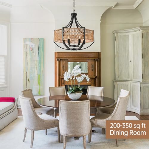 25.6" Large Rattan Farmhouse Chandelier, 6-Light Boho Black Modern Chandelier Light Fixture, Rustic Wicker Chandelier with Woven Shade for Dining Room, Living Room, Bedroom - color: V-Weave Round Rattan, size: Large 6 light 25.6 inches