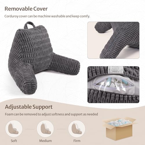 Blissful Diary Reading Pillow, Backrest Pillow with Shredded Memory Foam for Adult & Children, Designed for Bed and Couch Sitting Up, Includes Arms, Pockets and Washable Cover, Dark Gray - color: Textured Dark Gray, size: Standard(18inch)