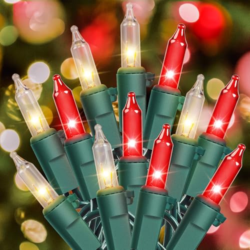 YOUNGAR Clear Christmas Lights Outdoor, 13FT Red&Clear Approved Christmas Tree Lights with Green Wire, Incandescent Mini Light Plug in Indoor Outdoor Tree Patio Garden Xmas Decor,Red Clear,50 Count - color: Red/White, Green Wire, size: 50 Count 1Pack
