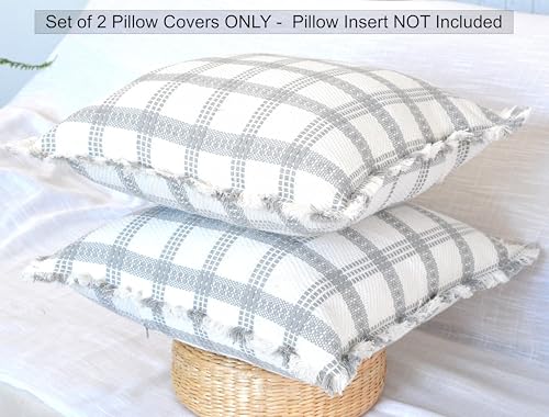 Checkered Throw Pillow Covers with Fringe Set of 2 Woven Cotton Plaid Cushion Covers With Tassels Trim Edge Square Pillow Cases Classic Scandinavian Cottagecore Checks Pattern Grey and White 18x18 - color: Grey, size: 18" x 18" (Pack of 2)