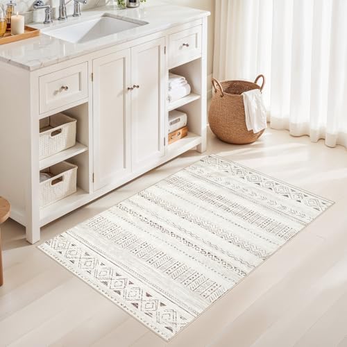 cotiled 3x5 Area Rugs Living Room Rug: Washable Boho Rugs with Non Slip Backing Small Soft Indoor Stain Resistant Carpet for Bedroom Farmhouse Dining Room Lightweight Home Decor L Brown/Cream - color: Light Brown/Cream, size: 3' x 5' (Rectangular)