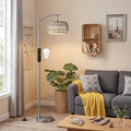 Ambimall Arc Floor Lamp for Living Room with Remote, Color Temperature & Brightness Adjustable, Bohemia Standing Lamp with Rattan & Fabric Double Drum Shades, Bulb Included(Deep Gray) - color: Deep Gray Bohemian