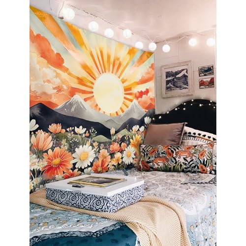 Yookeb Abstract Sun Flower Mountain Tapestry 59W by 51H Inch Wall Hanging Sunrise Sunset Watercolor Wildflower Landscape Bedroom Living Room Dorm Polyester Fabric Home Decor - color: Orange Blush Sun, size: 59"L x 51"W