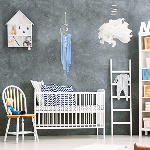 Boho Macrame Woven Wall Hanging, Crochet Crescent Moon Star Dream Catcher with Light- Blue Cotton Handmade Bohemian Home Decor Decoration Art for Kids Bedroom Nursery Dorm Room - color: Baby Blue, size: With Light