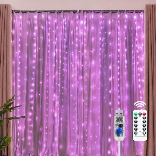 Brightown 300 LED Pink Fairy Curtain Lights, 9.8ft x 9.8ft String Lights, USB Plug in 8 Lighting Modes Christmas String Hanging Lights with Remote for Bedroom Indoor Outdoor Party Xmas Pink 1 Pack - color: Pink, size: 1 Pack-300 LED-USB Plug