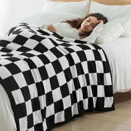 Exclusivo Mezcla Checkered Knit Throw Blanket, Ultra Soft and Warm Reversible Woven Blankets, Cozy Snuggly Throw for Couch Bed and Home Decor, Black, 50"x60" - color: Black, size: Throw (50"x60")