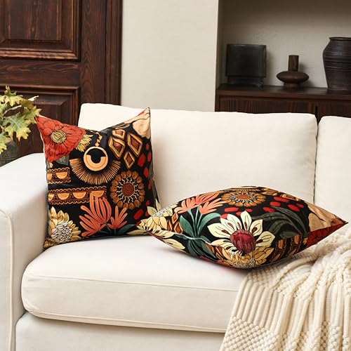 Tyrot Black Boho Floral Velvet Throw Pillow Covers Set of 2 Farmhouse Cushion Covers Mid Century Botanical Home Decor Accent Pillow Cases for Couch Sofa Living Room, Bedroom, 20x20 Inches - color: Tropical Ember, size: 20" x 20" (Pack of 2)