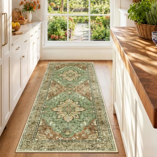 RELEANY Area Rugs Runner 2'x6' Washable Non-Slip, Floral Vintage Distress Medallion Carpet for Kitchen Hallway Bedroom Beside Laundry Room Bathroom, Terracotta Burnt Orange Green - color: Brick/Brown/Green, size: 2' X 6' (Runner)