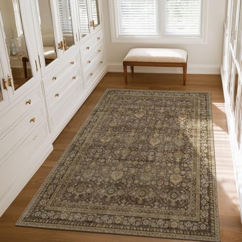 Washable 3x5 Entryway Rug, Boho Non-Slip Vintage Distress Small Rugs for Kitchen Nursery Office Bedroom, 0.3" Neutral Oriental Throw Thin Carpet with Cushioning Pad, Red/Brown/Multi, C4 - color: Deep Brown/Multi, size: 3' x 5' (Rectangular)