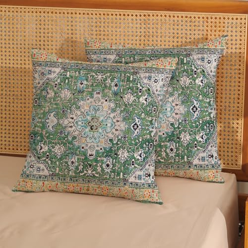 Boho Pillow Covers 18x18 Set of 2 Vintage Green Floral Carpet Throw Pillow Covers Decoration Outdoor Bohemian Rug Pattern Decorative Pillowcase Farmhouse Linen Cushion Cover for Home Couch - color: Boho-green-3, size: 18" x 18" (Pack of 2)