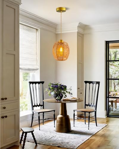 Boho Rattan Pendant Light, Hand-Woven Rattan Pendant Lighting, 4.7″ Small Wicker Chandelier, Woven Hanging Light Fixture for Kitchen Island Dining Room Bedroom Hallway - color: 4.72″-Drum-shape