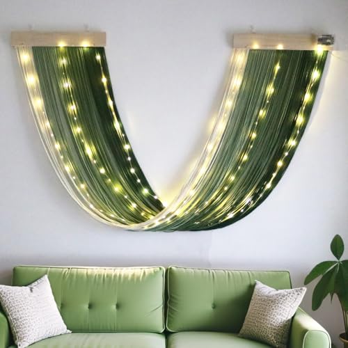 Macrame Fairy Lights Battery Operated with Remote,Large Macrame Wall Hanging with 20ft 100 LED String Lights,Green Gradient Warm White Light for Living Room,Bedroom,Christmas,Holiday Deco - color: Green-Warm White