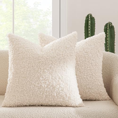MIULEE Pack of 2 Faux Fur Throw Pillow Covers 18x18 Inch Neutral White Boucle Decorative Sherpa Pillow Covers Fuzzy Accent Soft Sheepskin Fleece for Boho Home Decor Sofa Living Room Couch Bed - color: Neutral White, size: 18" x 18" (Pack of 2)