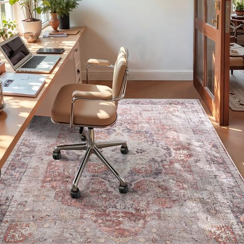 YOH Boho Washable Rug 4x6, Rust Red Vintage Non Slip Area Rug, Distressed Indoor Carpet for Living Room Bedroom Kitchen Office - color: A-rust Red, size: 4' x 6' (Rectangular)