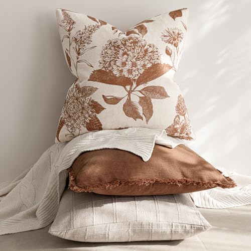 Foindtower Set of 2 Linen Floral Throw Pillow Covers Vintage Accent Print Decorative Cozy Cushion Covers Farmhouse Boho Home Decor for Sofa Chair Couch Bedroom Living Room,18×18 Inch,Autumn Orange - color: Autumn Maple, size: 18" x 18" (Pack of 2)