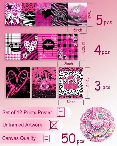 KBKBART Mcbling Y2k Room Decor Aesthetic, 12 Pcs Trashy Y2k Posters and 50 Pcs Y2k Sticker for Teen Girl's Bedroom, Early 2000s Room Decor, Hot Pink Wall Art Aesthetic Pictures, Emo Baddie Prints Wall Collage for Dorm Bedroom Apartment Decor (UNFRAMED) -