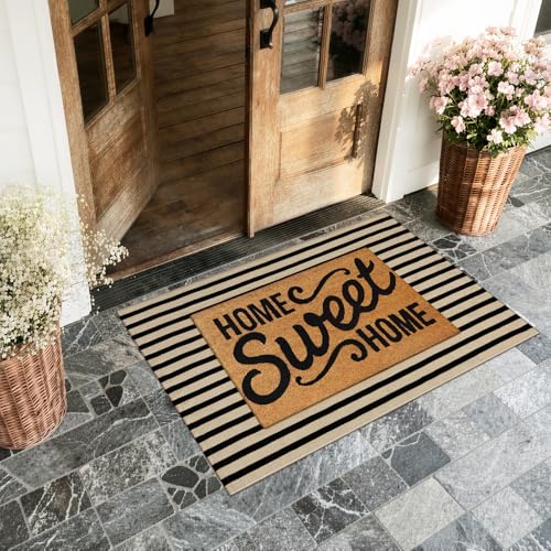 KIMODE Striped Outdoor Rug 27.5x43 Inches, Machine Washable Outdoor Front Porch Rug, Black and Khaki Front Door Mats, Hand Woven Welcome Layered Doormat Entryway Rug for Entrance, Doorway - color: Black/Khaki Stripes, size: 2'4" x 3'7" (Rectangular)