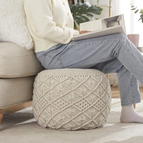 Ornavo Home Pouf Ottoman Foot Rest - 100% Cotton Pouffe - Hand Knitted Macrame Braid - Boho Round Stuffed Ottoman for Living Room, Bedroom - Natural