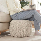 Ornavo Home Pouf Ottoman Foot Rest - 100% Cotton Pouffe - Hand Knitted Macrame Braid - Boho Round Stuffed Ottoman for Living Room, Bedroom - Natural