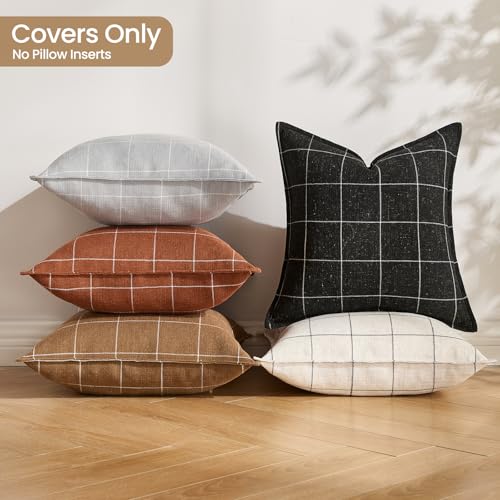Farmhouse Dark Brown Plaid Throw Pillow Covers 20x20 Set of 2, Brown Boho Decor 20 x 20 Check Pillow Covers, Modern Farmhouse Tan Plaid Room Decor Cushion Covers for Home Sofa (No Pillow Insert) - color: Brown Plaid Set of 2, size: 20" x 20" (Pack of 2)