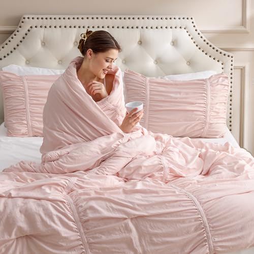 Bedsure Ruched Comforter Set with Bow Trim Pink, GentleSoft™ 3 Pieces Bow Bedding Pink Room Decor, Queen Boho Bedding for Girls Teens Women, 1 Bed Comforter, 2 Pillow Shams, 90x90 Inches - color: 05 - Bow Trim Crystal Pink, size: Queen (90" x 90")