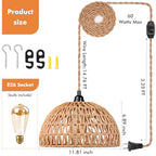 Plug in Pendant Light Rattan Hanging Lamp with 15 Ft Hemp Rope Cord, Wicker Hanging Lights with Bamboo Basket Lamp Shade,Dimmable Switch Woven Boho Plug in Ceiling Light for Living Room Bedroom