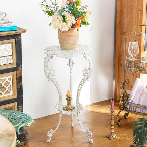 Sungmor Vintage Cast Iron Plant Stand - Ornate White Pedestal Table for Indoor Outdoor Garden, 27.5" Antique Metal Flower Pot Holder - Victorian Style Plant Display Stand, Patio, Porch, Balcony Décor - color: White