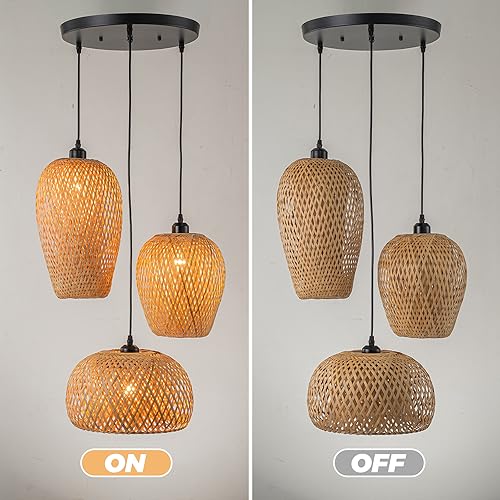 Rattan Pendant Light Bamboo Hanging Light 3-Lights Boho Pendant Light Fixture Woven Basket Wicker Shade Rattan Chandelier for Living Room Dining Room Kitchen - color: Rattan Bamboo, 3-Light