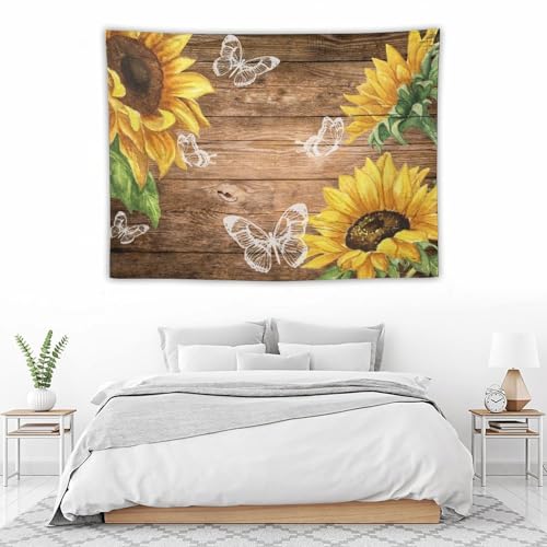 Sunflower Tapestry,Watercolor Floral Rustic Wooden Plank Retro Barn Door Butterfly Tapestry for Bedroom,Nature Landscape Tapestry Wall Hanging for Living Room Dorm Home Decor,40"x30" - color: Sunflower-3, size: W40xL30in