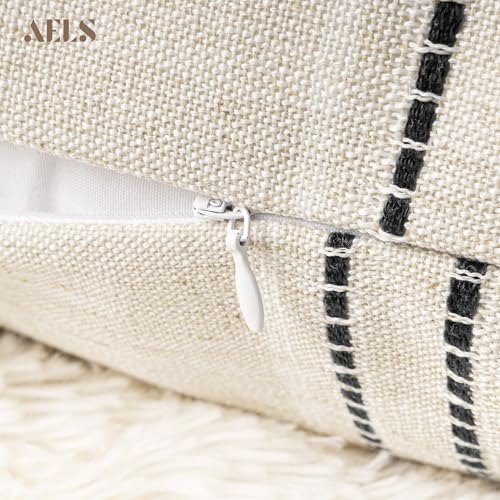 AELS 14x36 Decorative Lumbar Throw Pillow Covers, Farmhouse Linen Blend Textured Long Pillow Case, Beige with White & Black Stitch Boho Cushion Cover for Couch Living Room (Cover ONLY) - color: Beige With White & Black, size: 36" x 14" (Pack of 1)